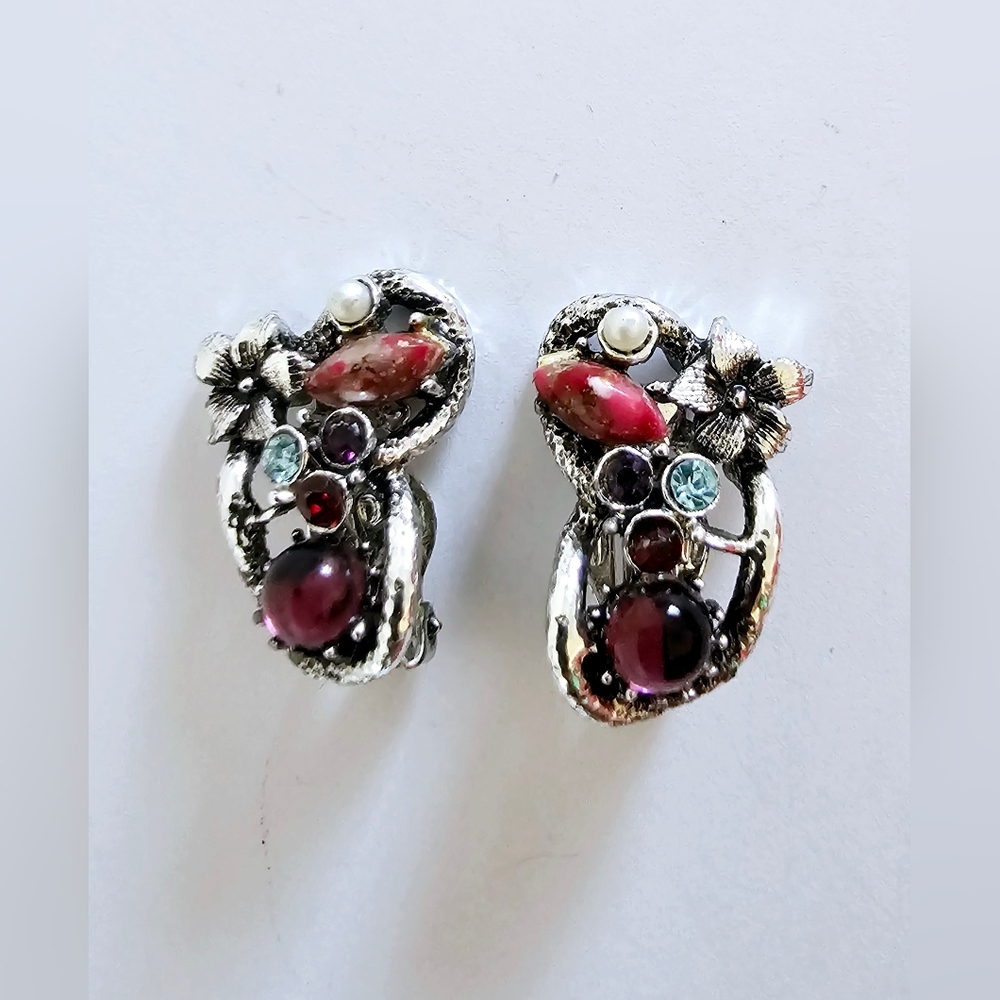 High fashion abstract heart cluster gemstone pearl flower sliver clip on earring
